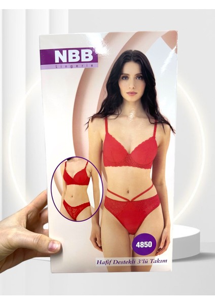 Nbb Kırmızı Push-Up Dantelli Balenli Destekli Sütyen-Tanga-Külot 3'lü Takım - 4850