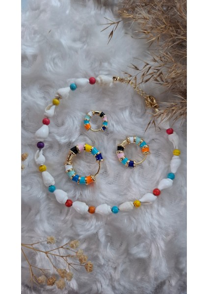 Kadın Renkli Boncuk Halhal Küpe Set