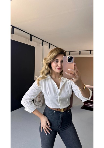 Bebe Plus Kadın Likralı Pamuk Saten Fit Kalıp Düz Gömlek