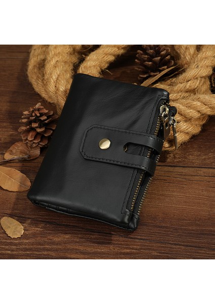 Üst Katman Dana Derisi Kısa Eski Fermuarlı Hırsızlığa Karşı Cüzdan (Yurt Dışından)
