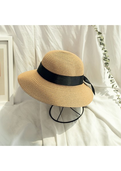 Moda Şerit Yay Düğüm Bayanlar Hasır Şapka Sahil Tatil Plaj Şapkası (Yurt Dışından)