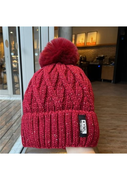 Kürk Topu Pullu Bere Kadın Sonbahar ve Kış Kalınlaşmış Sıcak Sevimli Kürk Topu Şapka Çok Yönlü Örme Şapka Modaya Uygun (Yurt Dışından)