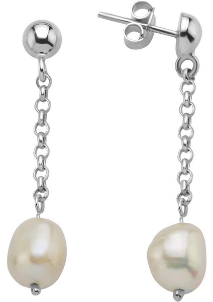 14 Ayar Altın 8 mm Doğal Barok Incili Zincir Küpe