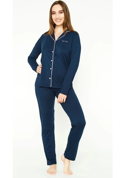 4 Mevsim Kumaş Uzun Kol Önden Düğmeli Kadın Pijama Takım 7717