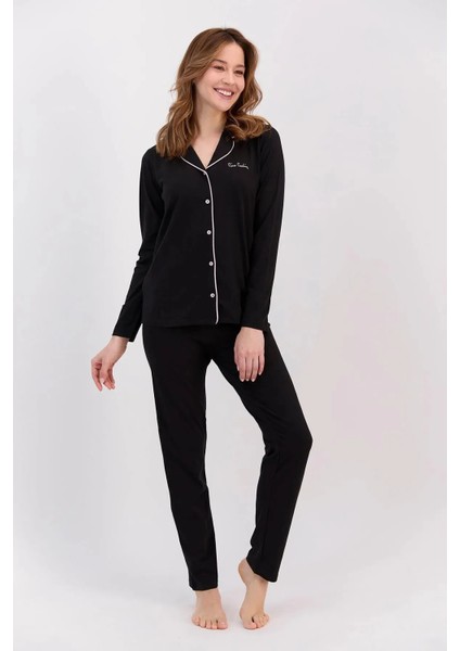 4 Mevsim Kumaş Uzun Kol Önden Düğmeli Kadın Pijama Takım 7717