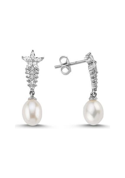 14 Ayar Altın 6 mm Zirkon Taşlı Doğal Inci Küpe BVRTZ120158