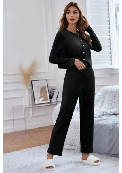 Siyah Fitilli Hırka Askılı Crop Üst Pijama Takımı
