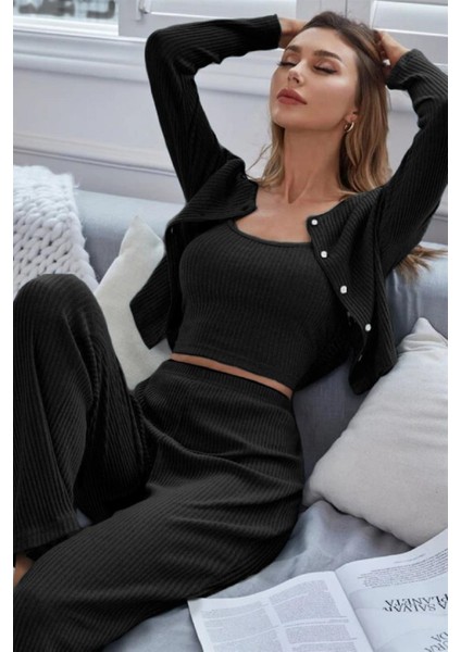 Siyah Fitilli Hırka Askılı Crop Üst Pijama Takımı