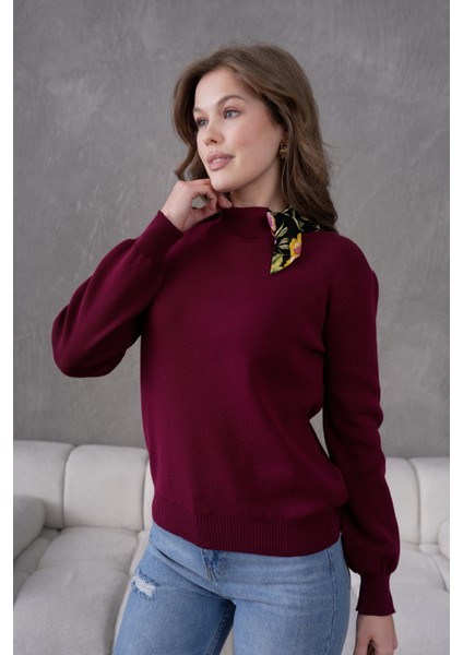 Bisiklet Yaka Fularlı Triko Kazak Triko Bluz 1100