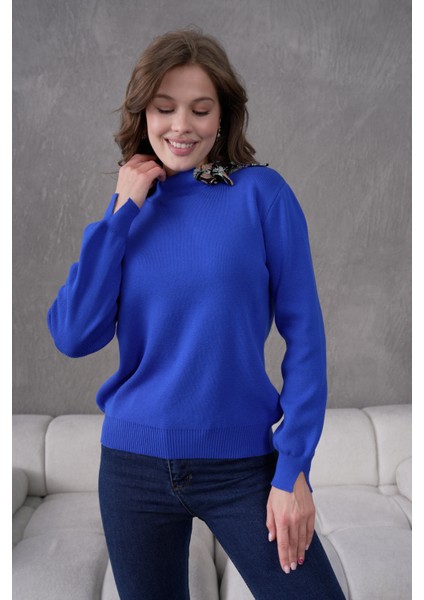 Bisiklet Yaka Fularlı Triko Kazak Triko Bluz 1100