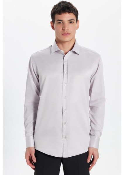 Erkek Modern Slim Fit Düz Saten Pamuklu Bej Gömlek