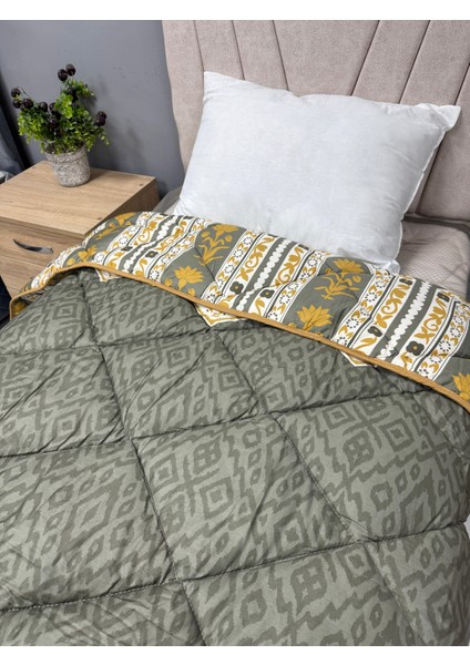 Pamuk Saten Çift Kişilik Yorgan Çift Taraflı Adal V1 Desenli Yeşil Kapitoneli