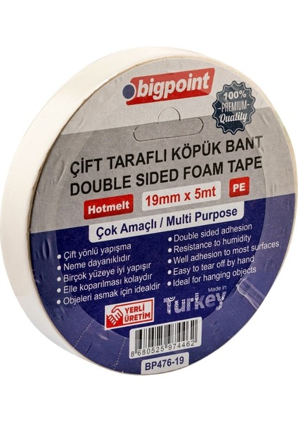 | Çift Taraflı Köpük Hotmelt Bazlı Bant, 19 mm x 5 M, Montaj Için Ideal