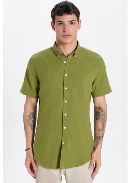 Erkek Slim Fit Dar Kesim Kısa Kollu Pamuk Keten Doku Haki Düğmeli Yaka Gömlek fırsatları