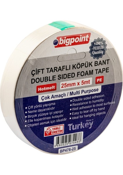| Çift Taraflı Köpük Hotmelt Bazlı Bant, 25 mm x 5 M, Montaj Için Ideal