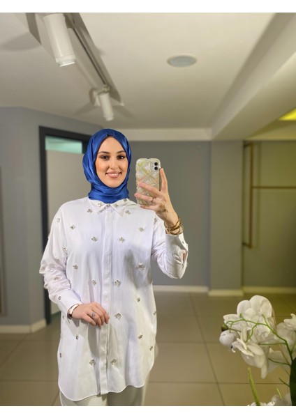 Marwa By Moodbasic Taşlı Incili Pamuk Saten Gömlek