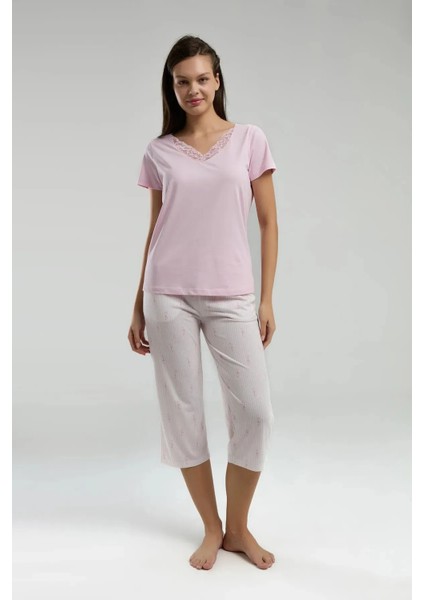 Yumuşak Dokulu V Yaka Kapri Kadın Pijama Takım 3253