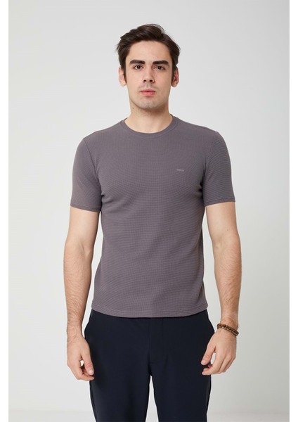 Sıfır Yaka Bisiklet Yaka Likralı Petek Dokulu Antrasit Erkek Tshirt