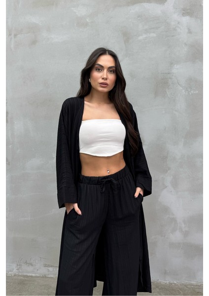 Kadın Yırtmaçlı Gofre Ikili Kimono Takım