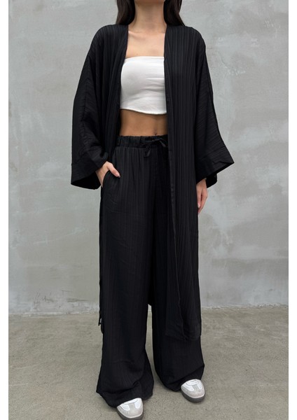 Kadın Yırtmaçlı Gofre Ikili Kimono Takım