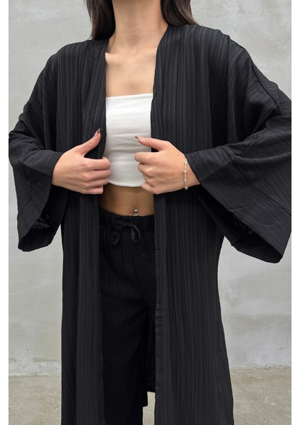 Kadın Yırtmaçlı Gofre Ikili Kimono Takım