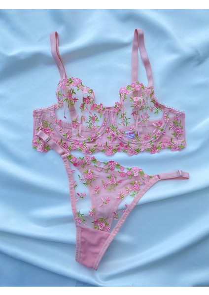 Pembe Çıtır Desen Çiçekli Iç Çamaşır Takımı Kadın Bralette Balenli Sütyen & Tanga String fırsatları