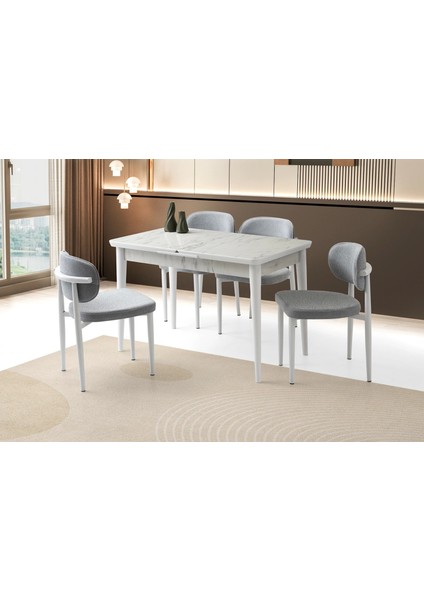 Ortadan Açılır Büyüyen 80 x 130 cm Mermer Desen Ahşap Salon Yemek Masa Gri Siesta Sandalye Takımı 4 Sandalyeli
