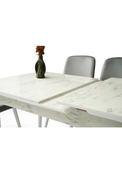 Ortadan Açılır Büyüyen 80 x 130 cm Mermer Desen Ahşap Salon Yemek Masa Gri Siesta Sandalye Takımı 4 Sandalyeli