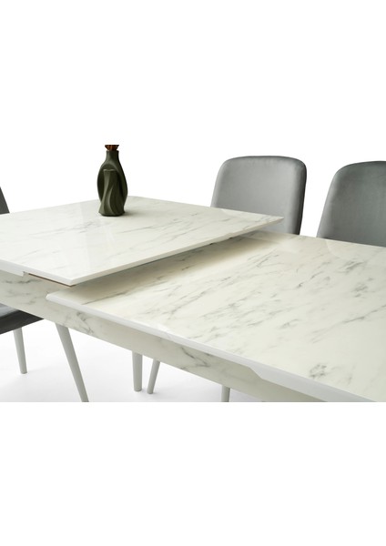 Ortadan Açılır Büyüyen 80 x 130 cm Mermer Desen Ahşap Salon Yemek Masa Gri Siesta Sandalye Takımı 4 Sandalyeli