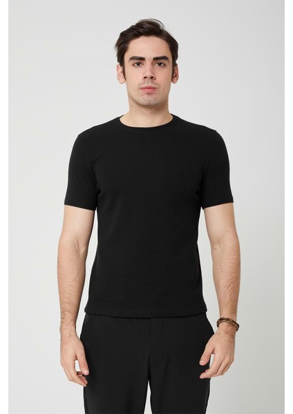 Sıfır Yaka Bisiklet Yaka Likralı Petek Dokulu Siyah Erkek Tshirt