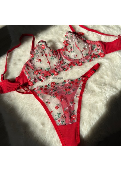 Kırmızı Çıtır Desen Çiçekli Iç Çamaşır Takımı Kadın Bralette Balenli Sütyen & Tanga String