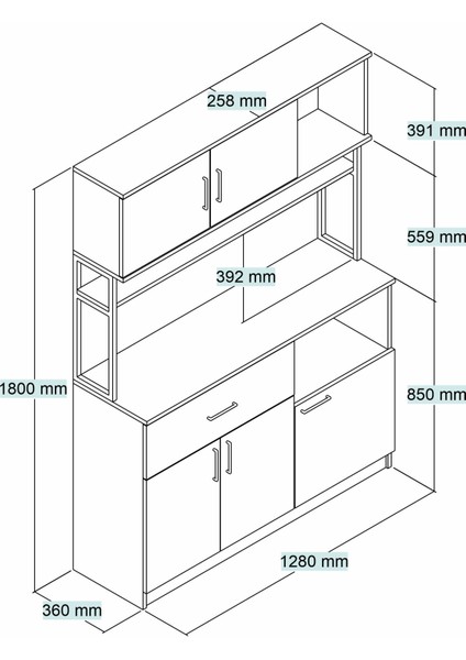 MTD0201 Inci 128 cm Kapaklı Çekmeceli Raflı Mutfak Dolabı Çam