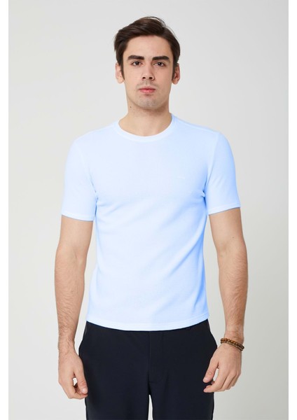 Sıfır Yaka Bisiklet Yaka Likralı Petek Dokulu Buz Mavi Erkek Tshirt