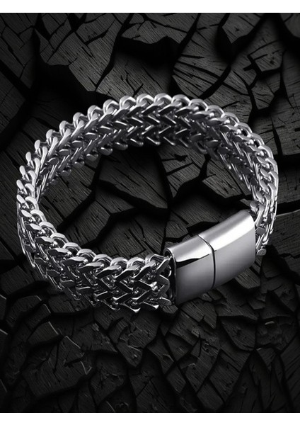 Çelik Bileklik Çift Taraflı Kullanılabilen Titanyum Model 0.8 mm 21 cm Unisex Gümüş Silver