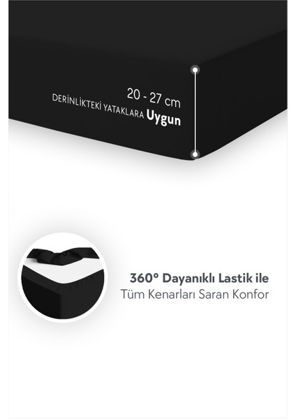 %100 Pamuk Penye Lastikli Çarşaf - Tek Kişilik | Fitted - Siyah - 100 x 200 cm