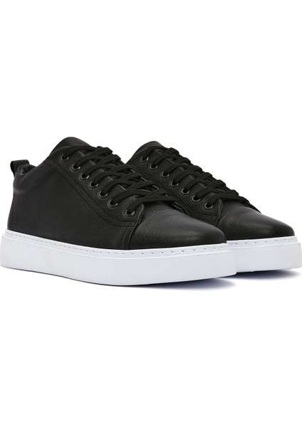 Erkek Siyah Kalın Tabanlı Bağcıklı Deri Sneaker 25SFD752116