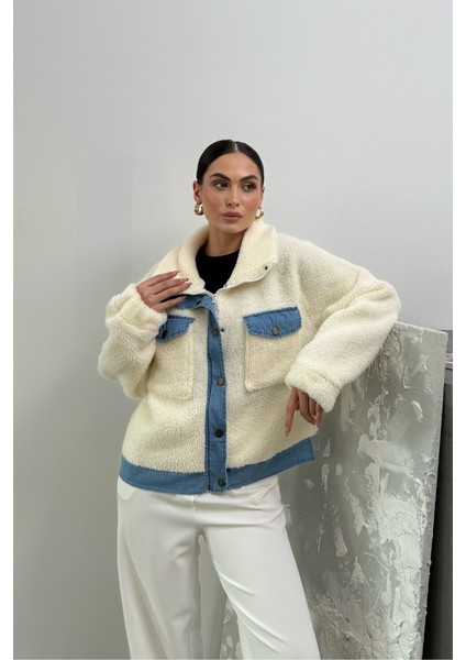Kadın Ceket Peluş Cepli Fermuarlı Çıtçıtlı Kot Detaylı Ekru Ceket