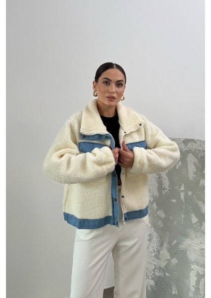 Kadın Ceket Peluş Cepli Fermuarlı Çıtçıtlı Kot Detaylı Ekru Ceket fiyatları