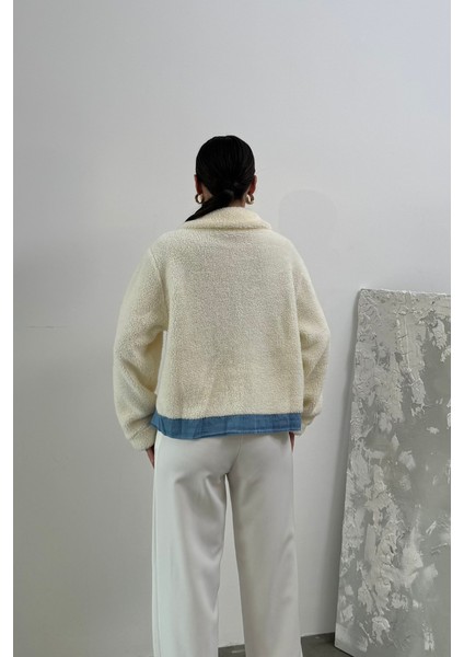 Kadın Ceket Peluş Cepli Fermuarlı Çıtçıtlı Kot Detaylı Ekru Ceket indirimleri