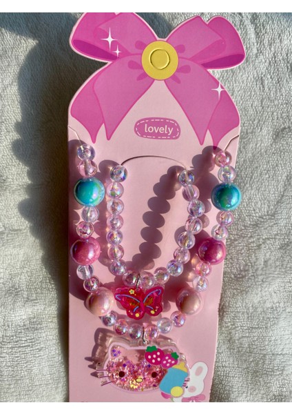 Kız Çocuk Hello Kitty Figürlü Lastikli Sim Payetli Boncuk Kolye Kelebekli Parlak Bileklik Kolye Seti