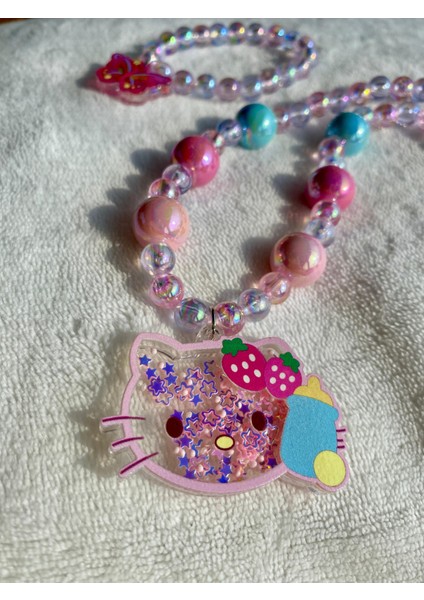 Kız Çocuk Hello Kitty Figürlü Lastikli Sim Payetli Boncuk Kolye Kelebekli Parlak Bileklik Kolye Seti fiyatları