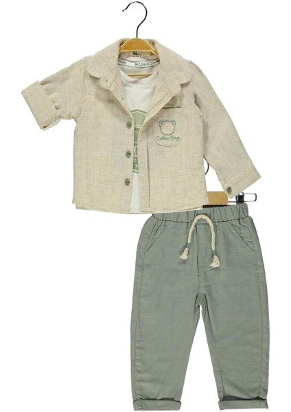 3' Lü Erkek Çocuk Açık Kahve Keten Gömlek ve Yeşil Pantalonlu Takım