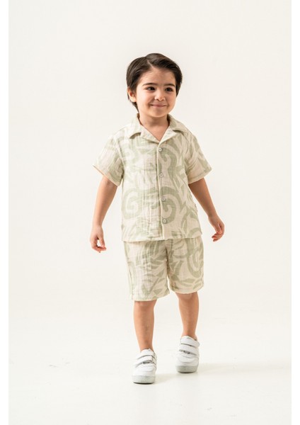 2'li Erkek Çocuk Yeşil Desenli Keten Şortlu Takım fiyatları