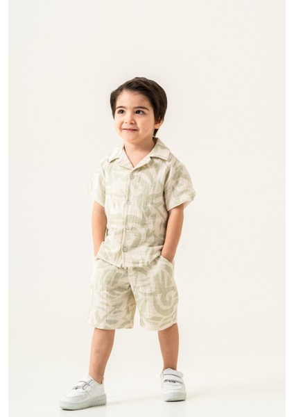 2'li Erkek Çocuk Yeşil Desenli Keten Şortlu Takım modelleri