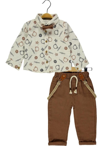 4' Lü Erkek Çocuk Ayıcık Desenli Papyonlu Gömlek Askılı Pantolon Takım