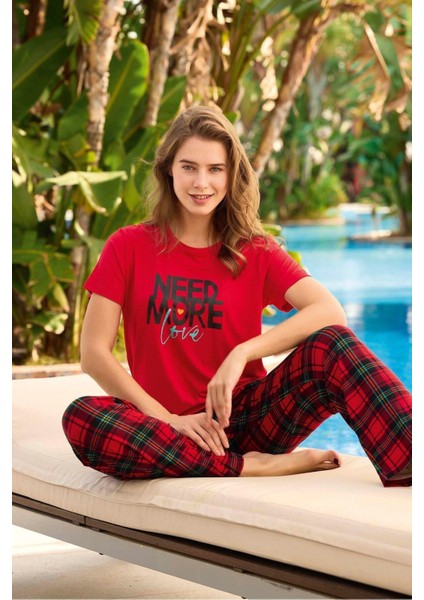 Kadın Kırmızı Viskon Kısa Kollu Pijama Takımı 240052 fırsatları