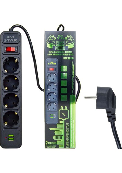 Ironstar IRP3000 4lü 2mt 2xusb Priz Akıllı Akım Korumalı Isıya Karşı Dayanıklı Termal Priz