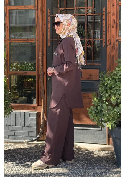 Nurcan Çetin Pantolonlu Takım 25409 Kahverengi