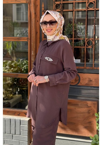 Nurcan Çetin Pantolonlu Takım 25409 Kahverengi