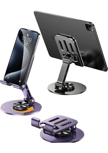 Telefon Tutucu Katlanabilir Metal 360 Derece Dönebilen Ayarlanabilir Masaüstü Tablet Standı Gri